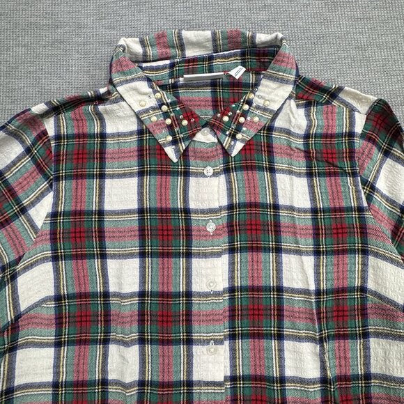 D & Co Womens Size 1X Plaid Flannel Button Up Shirt Embellished Collar Tunic - Picture 5 of 14